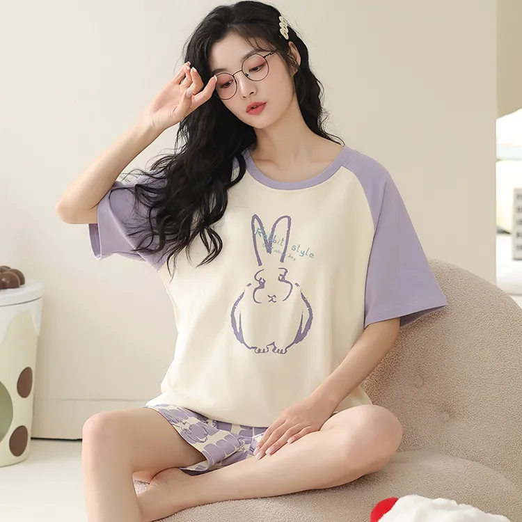 卡之恋2025夏季睡衣女薄款纯棉短袖短裤紫色乖乖兔涂鸦家居服套装
