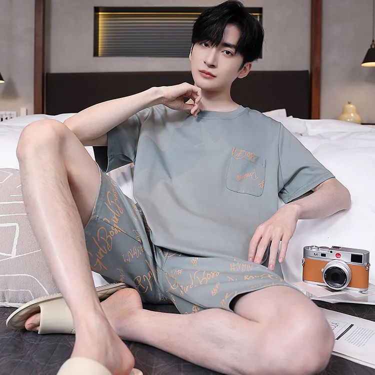 卡之恋睡衣男夏款纯棉短袖短裤湖水绿薄款青年运动可外穿家居服