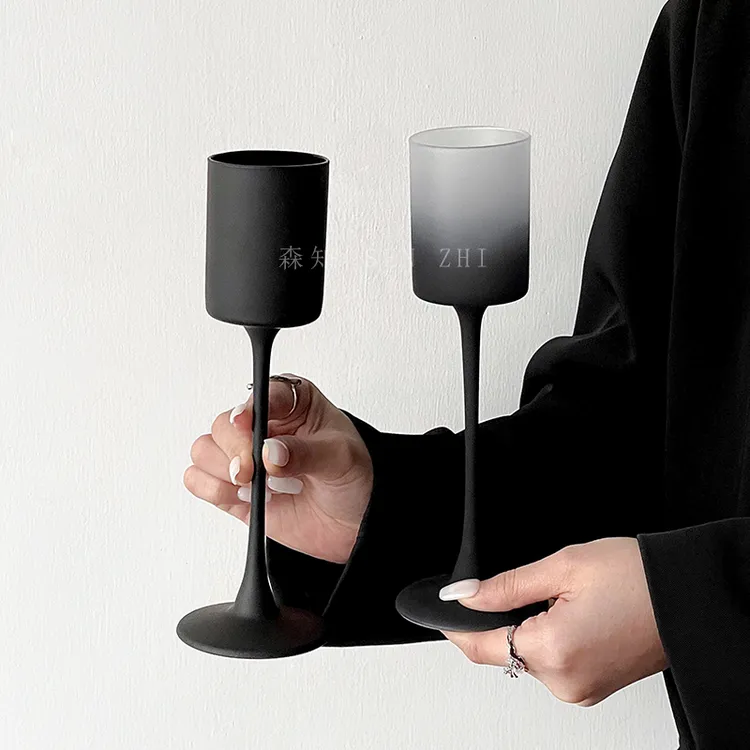 复古磨砂黑直筒玻璃高脚杯鸡尾酒杯小众香槟杯红酒杯甜酒杯果汁杯