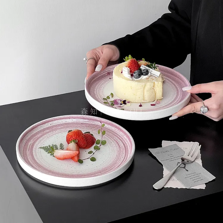 高颜值线条陶瓷圆盘蛋糕盘创意好看餐盘甜品盘意面盘牛排西餐盘子