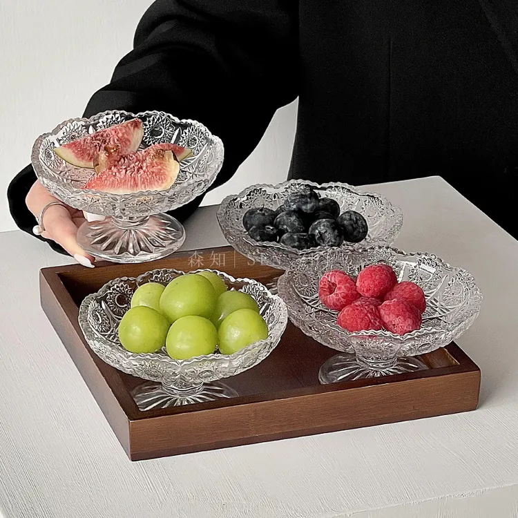 中式家用水果盘高颜值精致玻璃浮雕干果盘零食盘围炉煮茶点心盘子