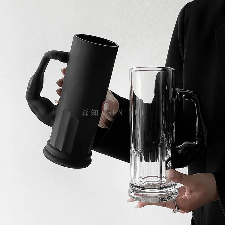 创意磨砂黑大力士带把啤酒杯大容量玻璃精酿扎啤杯果汁杯水杯