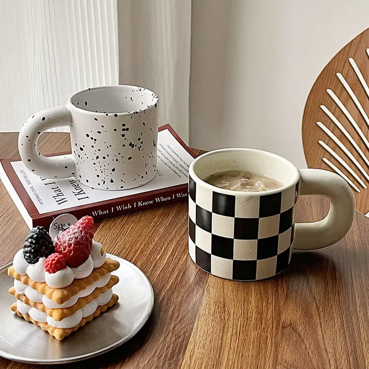 ins风创意网红棋盘格陶瓷杯马克杯水杯喝水杯子办公室水杯咖啡杯