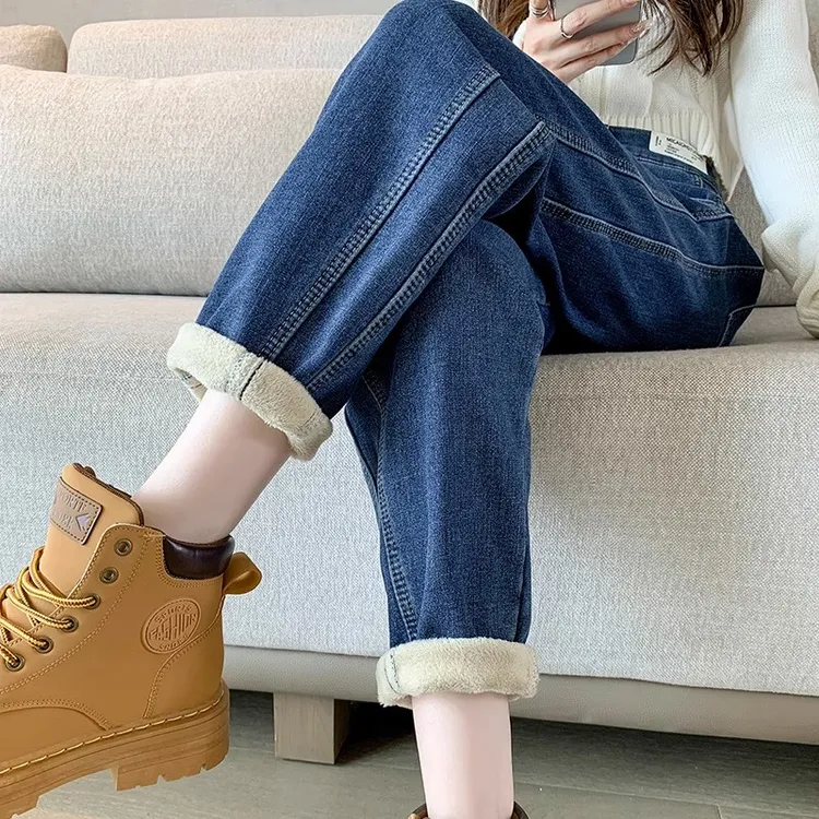 加绒牛仔裤女秋冬2023新款高腰宽松显瘦哈伦裤加厚保暖直筒老爹裤