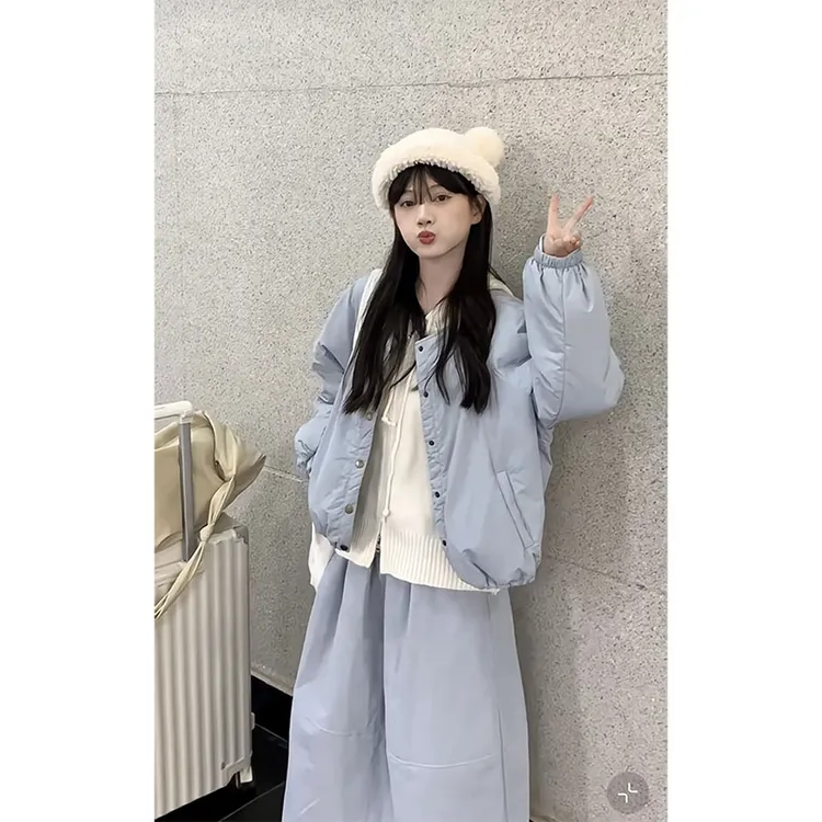 【现货】秋冬韩系休闲套装时尚棉外套叠穿连帽毛衣宽松半身裙三件套