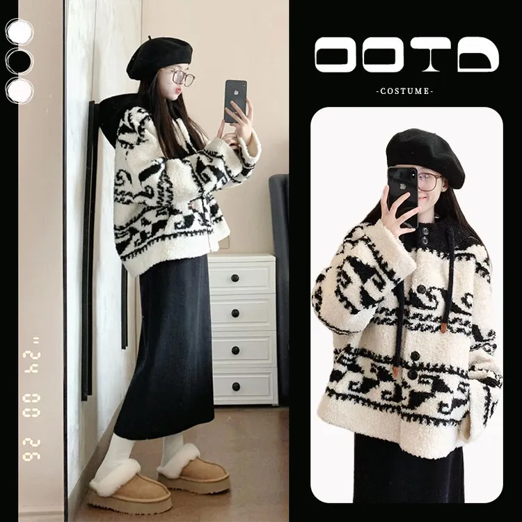 【圆脸鹿专属】秋冬2024新款韩版高级连帽保暖毛绒外套半身裙两件套