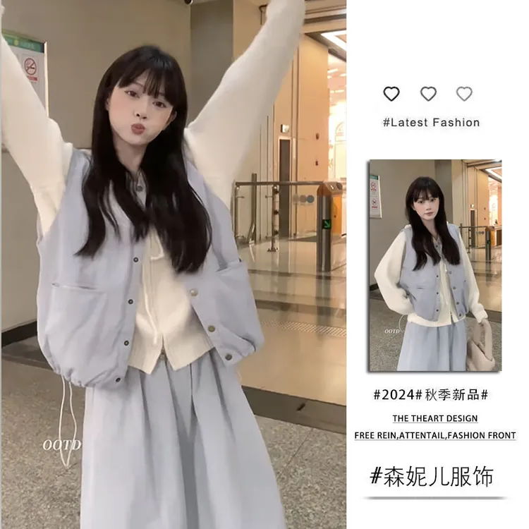 【现货】秋冬韩系穿搭休闲马甲棉外套叠穿连帽毛衣宽松半身裙三件套
