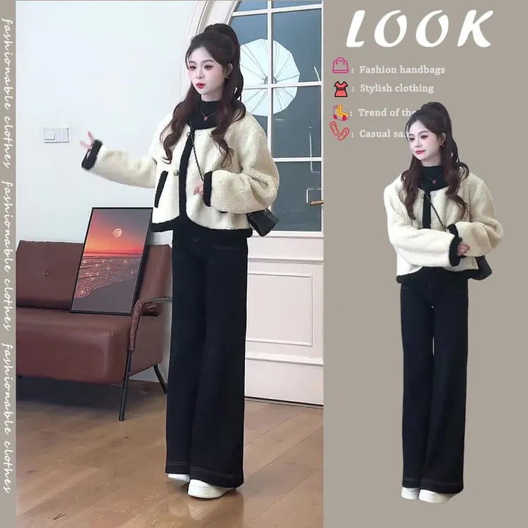 入冬一整套女装2024新款韩版时髦气质感短款外套高腰牛仔裤两件套