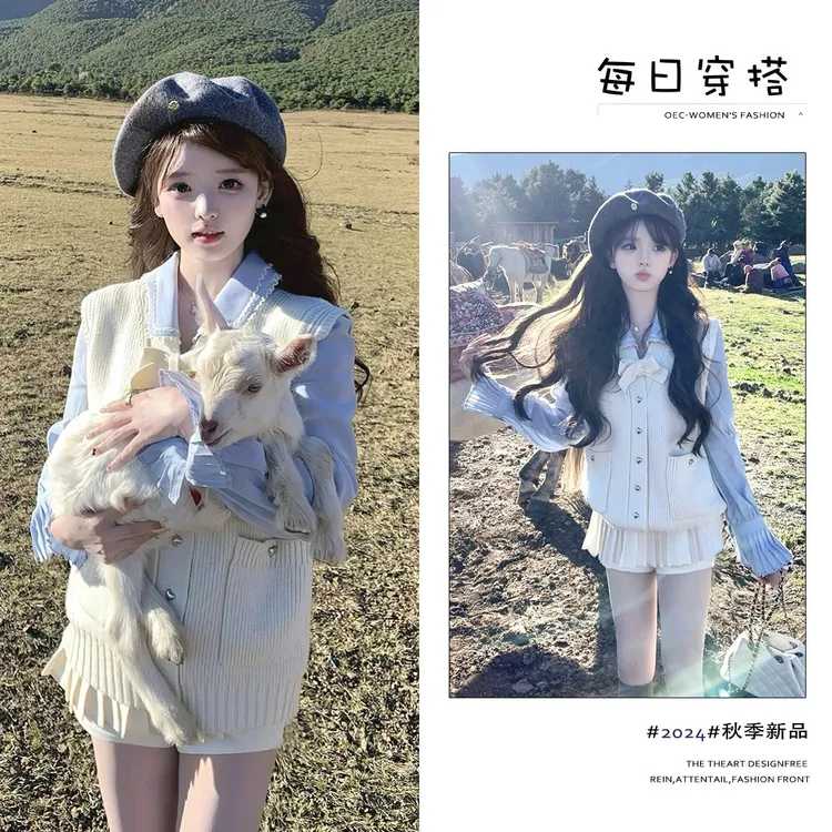 2025韩系减龄洋气蓝色精致衬衫针织马甲女早秋穿搭百褶短裙三件套