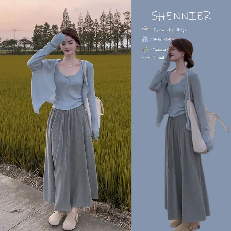 秋季套装女2024新款大码女装法式减龄针织开衫吊带半身裙三件套装