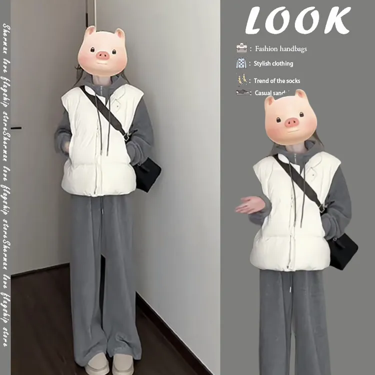【现货】2025秋冬爆款韩系慵懒连帽卫衣叠穿棉服马甲休闲裤三件套装