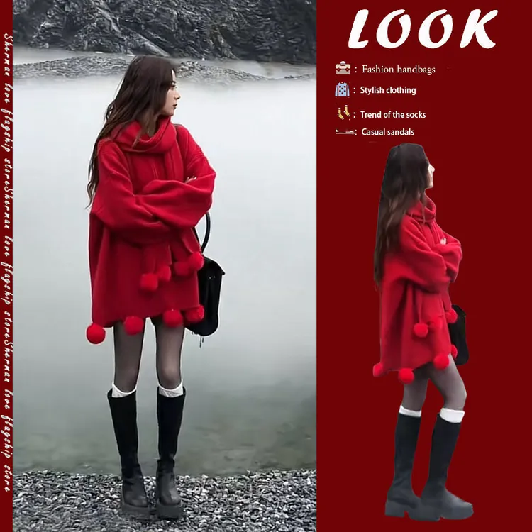 红色慵懒风高级感超好看宽松毛衣女款2024新款秋冬季新年圣诞战袍