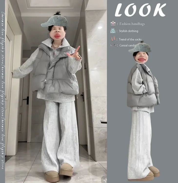 【现货】韩系冬季休闲穿搭2025新款保暖棉服马甲针织衫休闲裤三件套