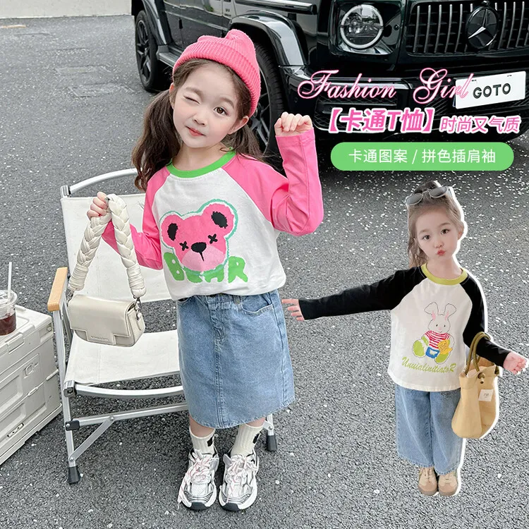 卡通T恤擦肩袖T恤儿童气质女童长袖时尚宝宝插肩袖拼色