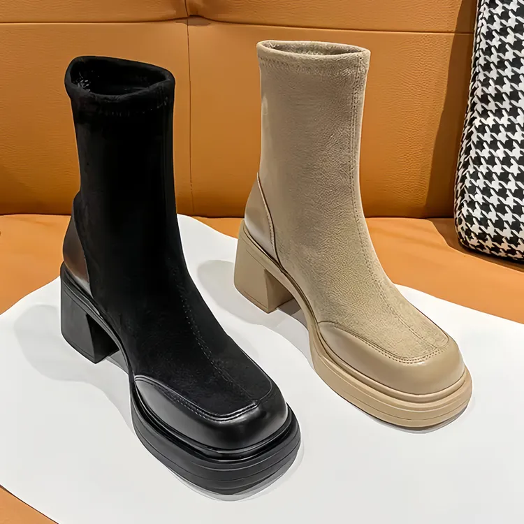 法式弹力瘦瘦靴单靴2024新款洋气马丁靴女厚底靴子短靴粗跟袜靴秋