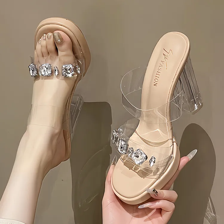 裸色高跟鞋透明水晶跟一字托百搭网红半托超高跟外穿凉拖鞋女粗跟