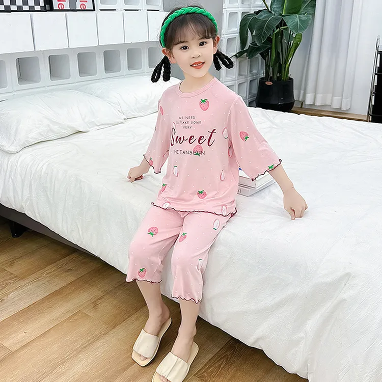 女童睡衣夏季女大童家居服套装女孩七分袖中大童空调服薄款小女孩