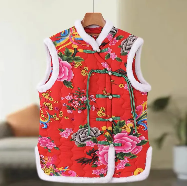 大学生网红中式国风东北大花加绒马甲背心坎肩上衣保暖马甲新款