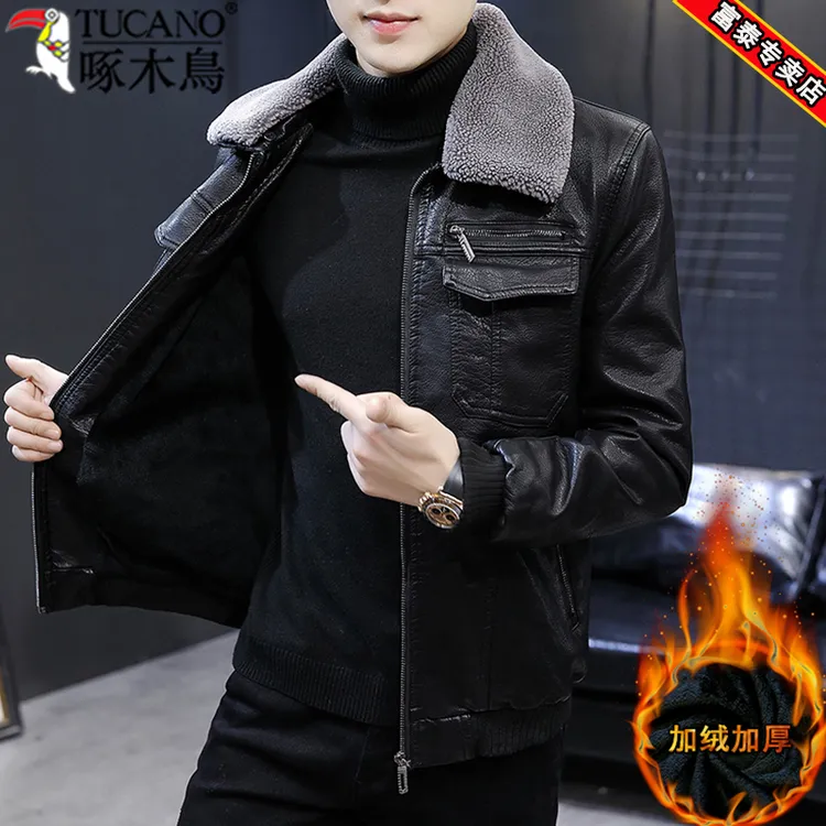 啄木鸟高档皮衣男士秋冬款潮牌翻领休闲加绒皮毛一体皮夹克男外套