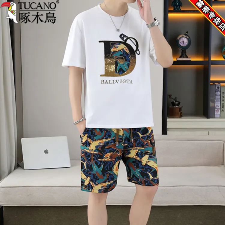 啄木鸟爆款2024夏季休闲运动套装男士潮流T恤圆领短袖短裤一整套