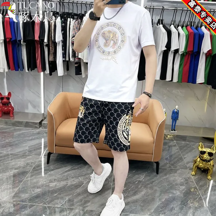 啄木鸟爆款时尚男士短袖T恤套装夏季潮流痞帅潮男休闲短裤两件套