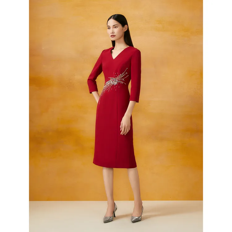 Song of Song歌中歌24款红色V领钉珠连衣裙5C64105016