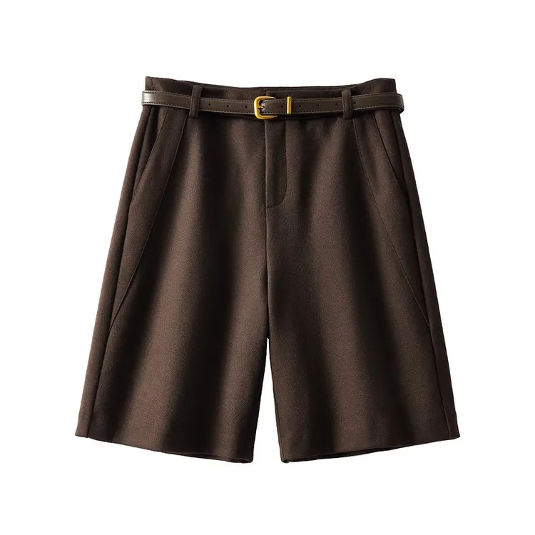 咖色毛呢短裤女秋冬加厚外穿五分裤时尚百搭高腰显瘦直筒宽松靴裤