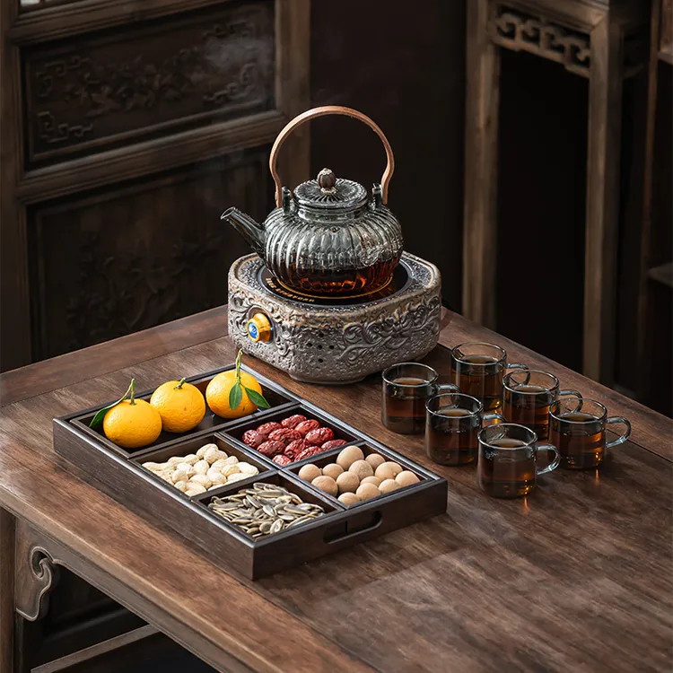 瓷师兄新款耐高温烟灰色玻璃煮茶壶家用复古鎏金高档电陶炉煮茶器