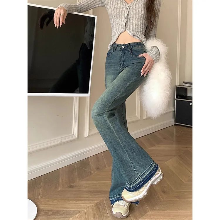 复古微喇牛仔裤女秋冬加绒大码显瘦胖mm梨形身材高腰弹力马蹄裤子