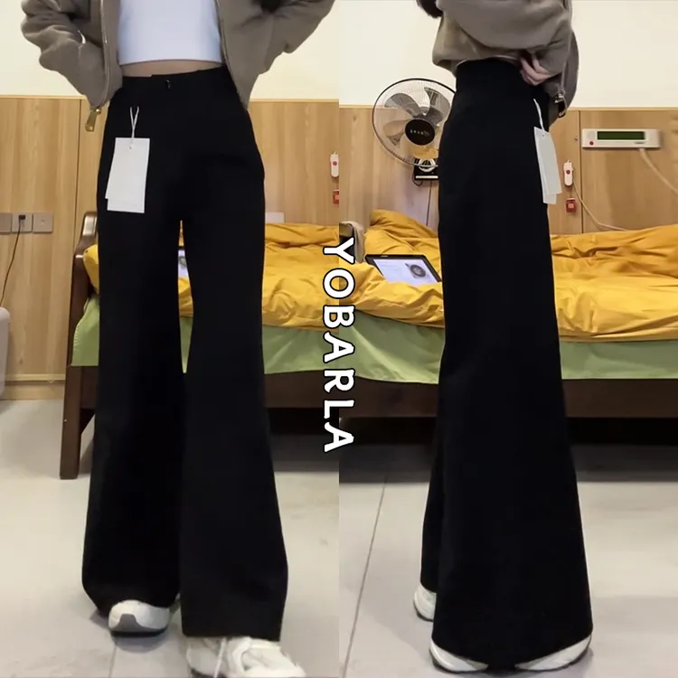 黑色微喇牛仔裤女秋冬加绒高腰大码胖mm显瘦梨形身材宽松马蹄裤子