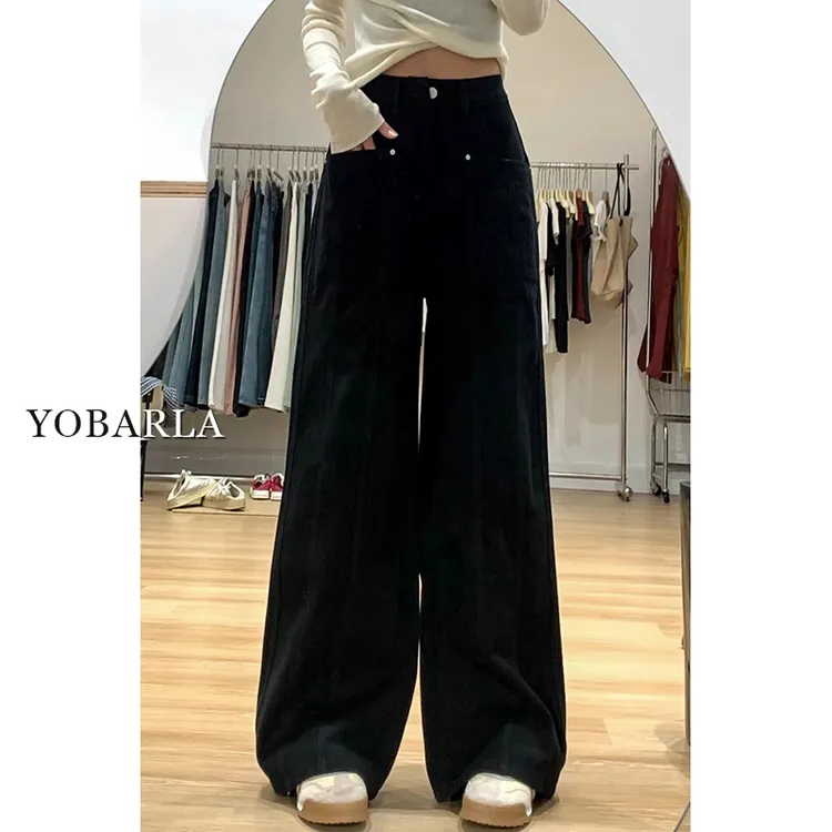 黑色阔腿牛仔裤女冬季加绒大码胖mm宽松垂感显瘦梨形身材直筒裤子