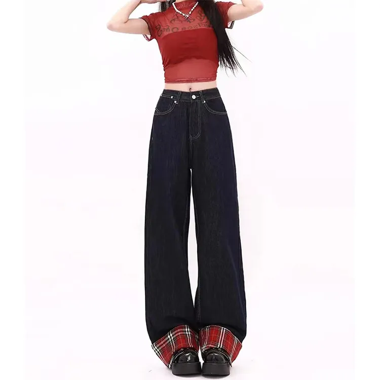 深蓝色格子拼接直筒牛仔裤女秋季胖mm大码宽松显瘦梨形身材阔腿裤