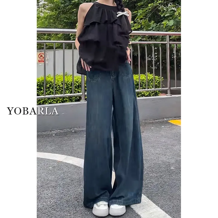 蓝色阔腿牛仔裤女新款高腰大码宽松显瘦拖地梨形身材直筒裤女装