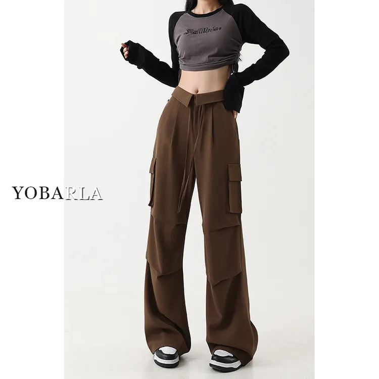 咖色阔腿休闲工装裤女秋冬大码胖mm高腰宽松显瘦梨形身材直筒裤子