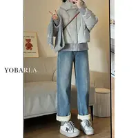 牛仔裤女高腰秋冬大码胖mm微喇牛仔裤女款爆款2025新款