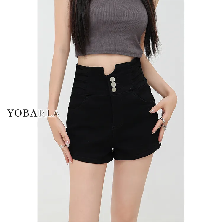 黑色高腰弹力牛仔短裤女春夏新款遮肚显瘦小个子a字阔腿显瘦热裤