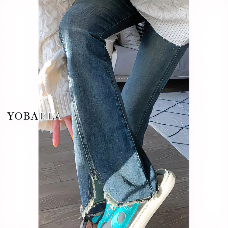 复古蓝开叉毛边微喇牛仔裤女秋冬加绒加厚大码胖mm高腰显瘦马蹄裤