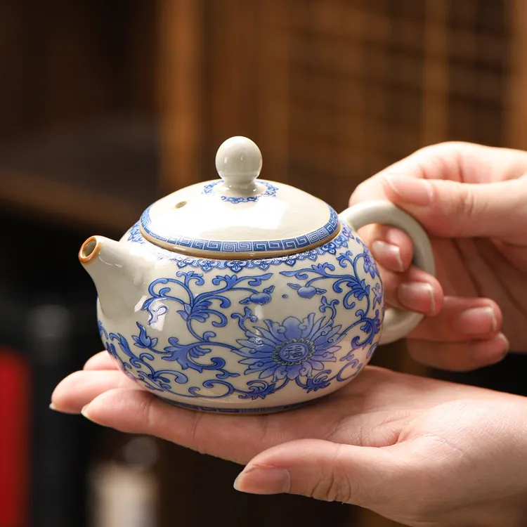 高档汝窑茶壶陶瓷功夫茶具泡茶壶单壶冰裂蝉翼开片可养青花泡茶壶