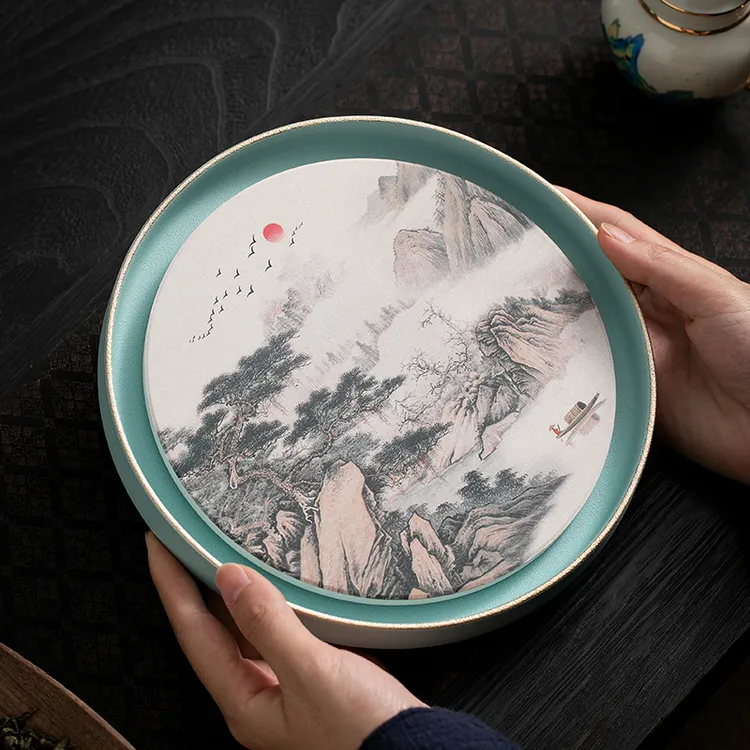 新视觉  复古陶瓷吸水干泡盘家用小茶台中式壶承圆形茶盘茶道托盘