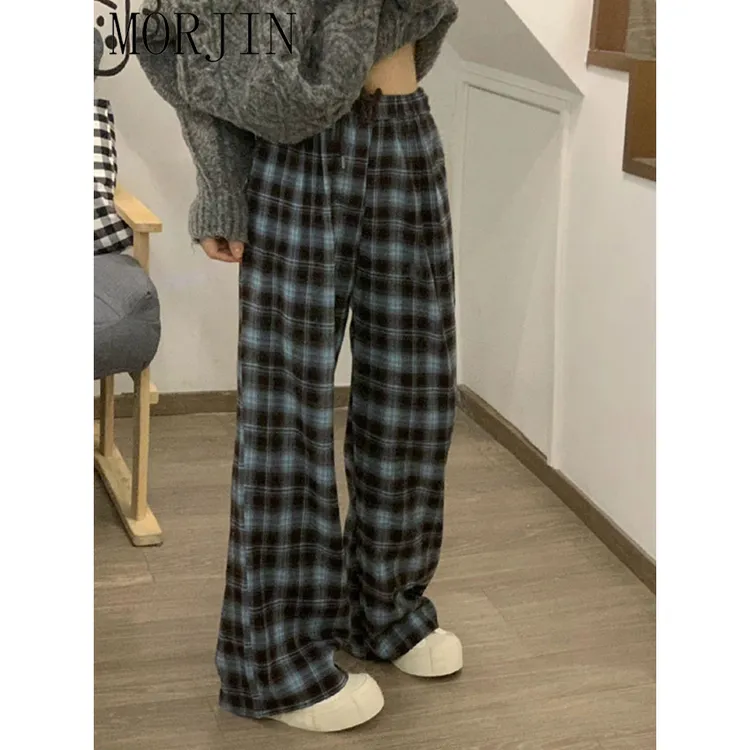 慵懒风大码格子休闲女胖m200斤春夏秋季阔腿宽松显瘦小个子直筒裤