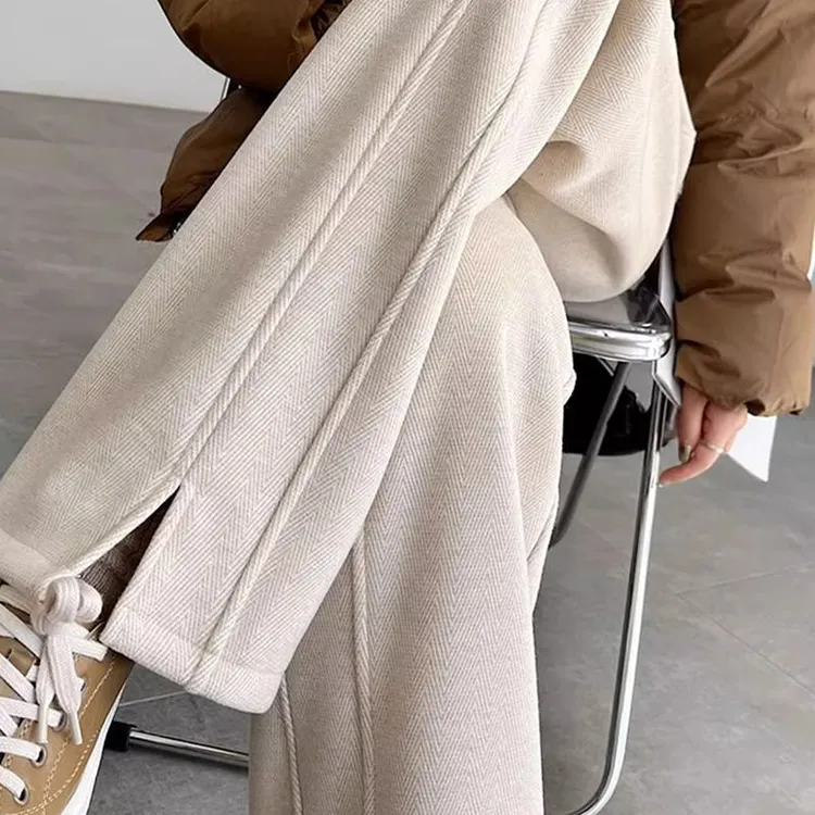 大码胖mm200斤加绒加厚阔腿裤女秋冬季毛呢开叉直筒窄版香蕉裤子