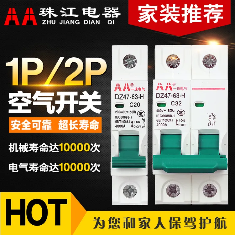 正品一珠江空气开关家用小型断路器1P单极2P双极32A短路保护电闸