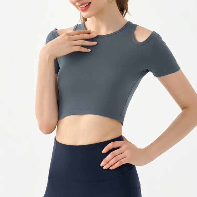 新款肩部镂空瑜伽T恤短袖运动上衣女百搭健身普拉提上衣高级感秋