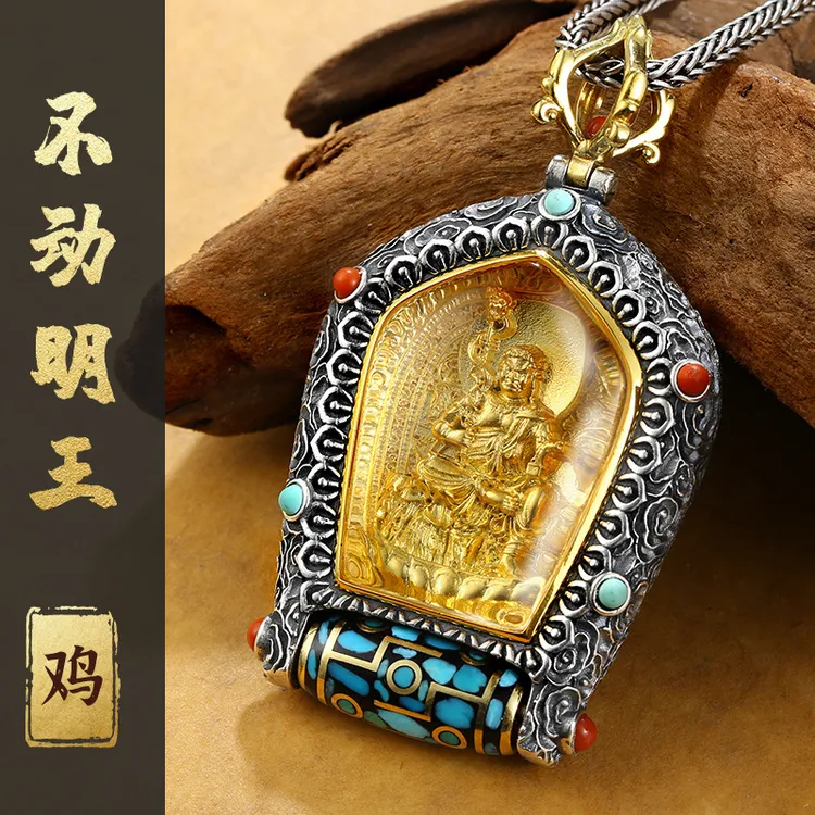 吊坠925银 万佛朝宗守护神祥云本命佛转动唐卡吊坠男黄财神项链女