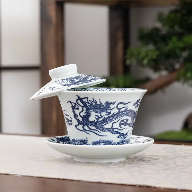 伴溪堂 龙纹马蹄三才悬停盖碗挂盖可旋转白瓷茶具泡茶碗带盖F215