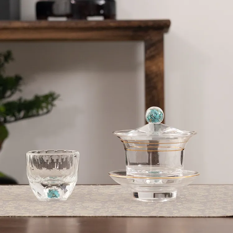 伴溪堂 新款绿松石玻璃三才盖碗耐热描金家用轻奢功夫茶具ZH1134