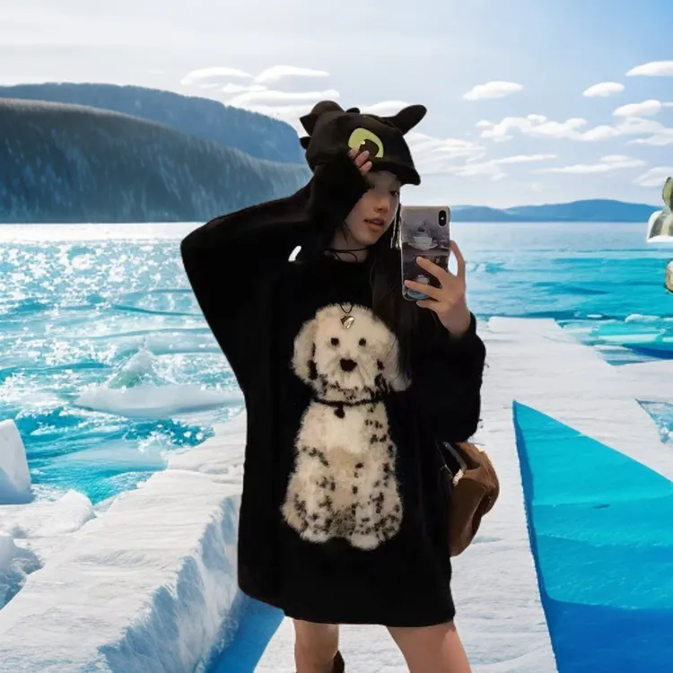 黑色斑点狗仿水貂绒毛衣女冬季软糯慵懒风设计感针织衫上衣2025