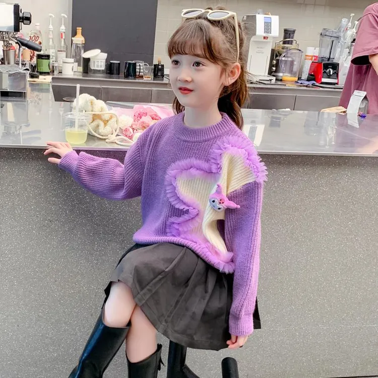 女童秋装毛衣2024新款儿童女孩秋冬季加绒加厚撞色卡