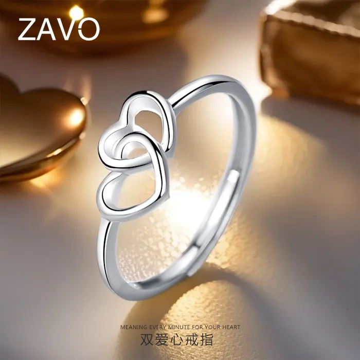925银戒指 纯银心心相印戒指可调节ins风简约时尚双爱心韩式创意