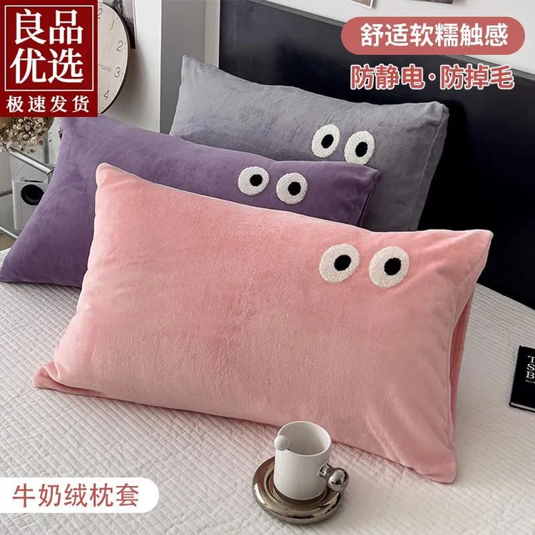 牛奶绒枕套一只装枕头套单个装48cmx74cm纯棉秋冬枕芯套眼睛卡通
